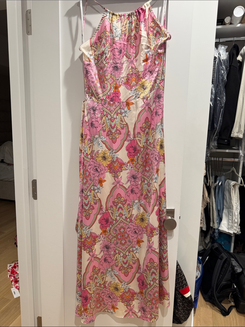 Sleeveless Pink Floral Maxi Dress with Paisley Motif